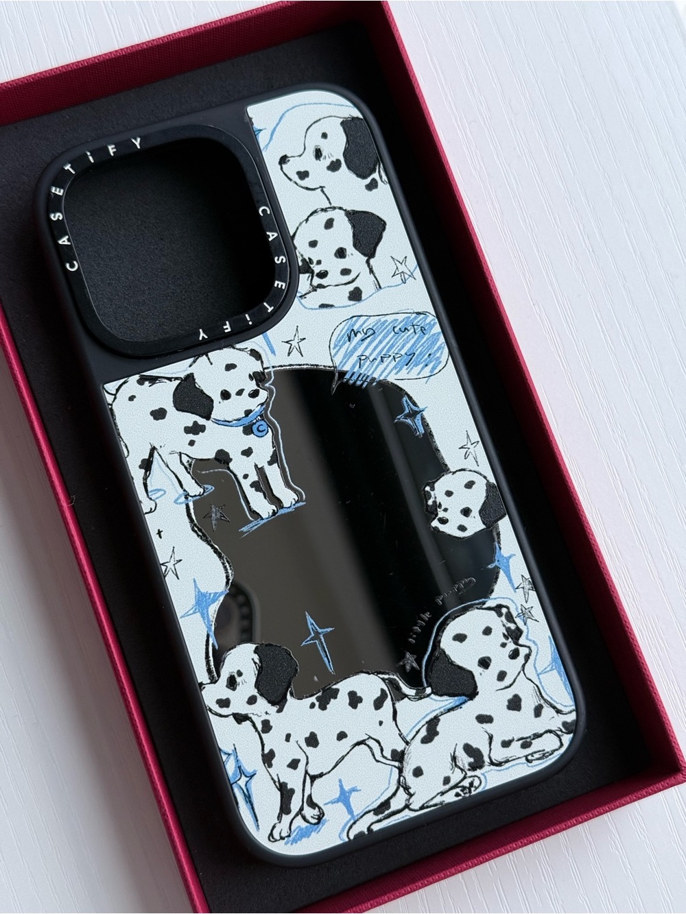 Casetify Mirror Case iPhone 16 Pro Dalmatian Puppy Blue Star Graphic